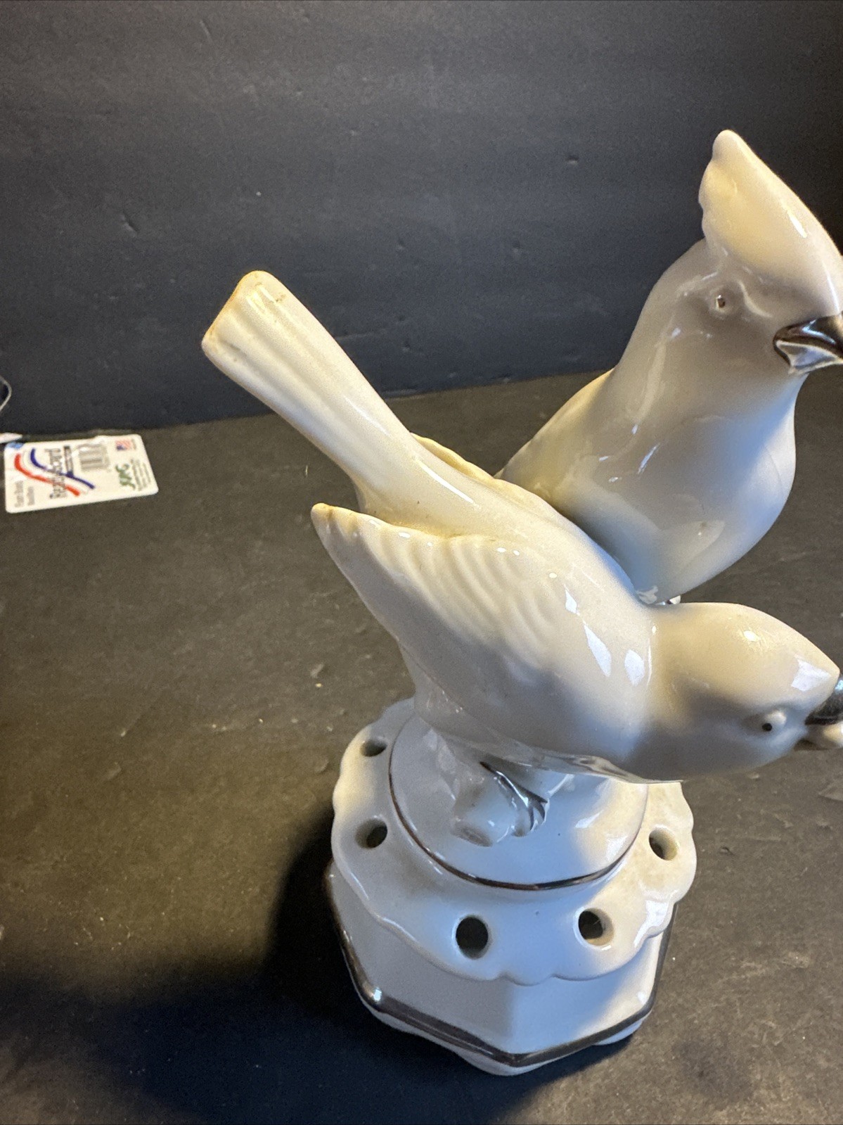 VTG. DRESDEN Porcelain White & Silver Flower Frog Figurine 8 holes w/Birds #R68