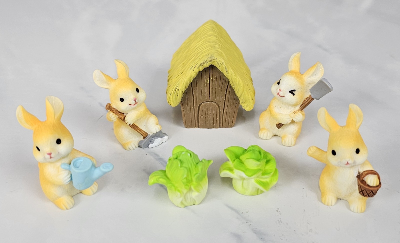 7 pc Gardening Bunny Figurine Set – Mini Collectible Fairy Toy Rabbit Cabbage