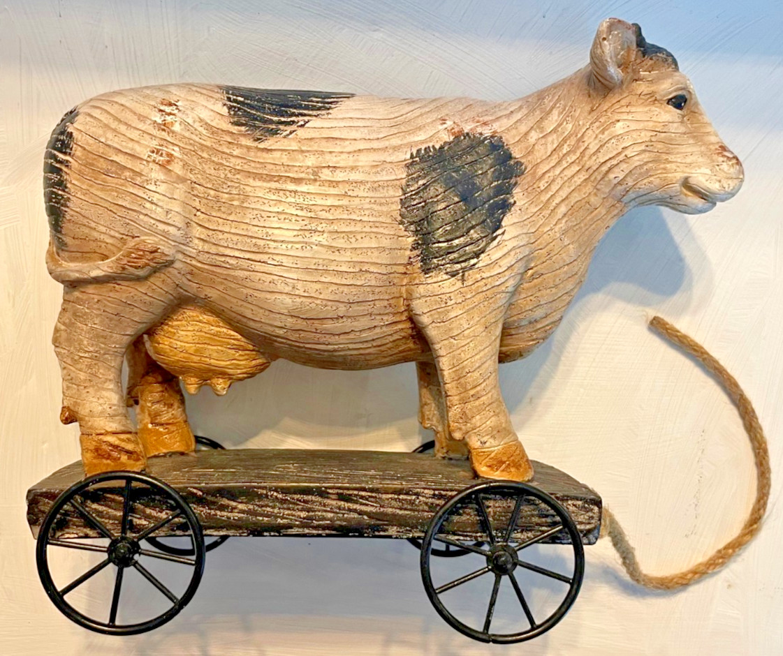 Vintage Folk Art Cow on Cart Figurine