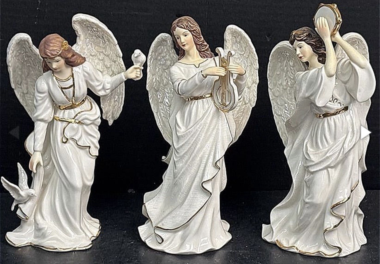 Set of 3 Porcelain Angel Figurines White Gold Trim Lyre Dove Tambourine