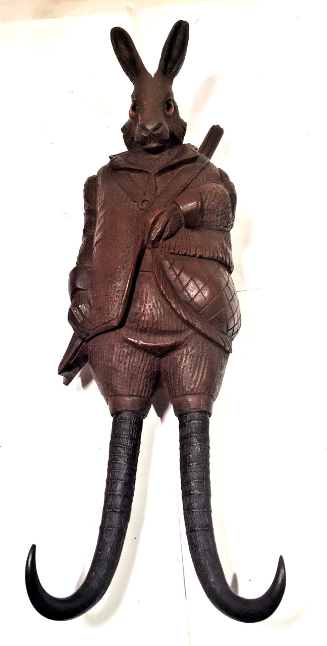 ANTIQUE BLACK FOREST SWISS WOOD CARVED MUSICAL RABBIT WALL WHIP GOAT HOOK