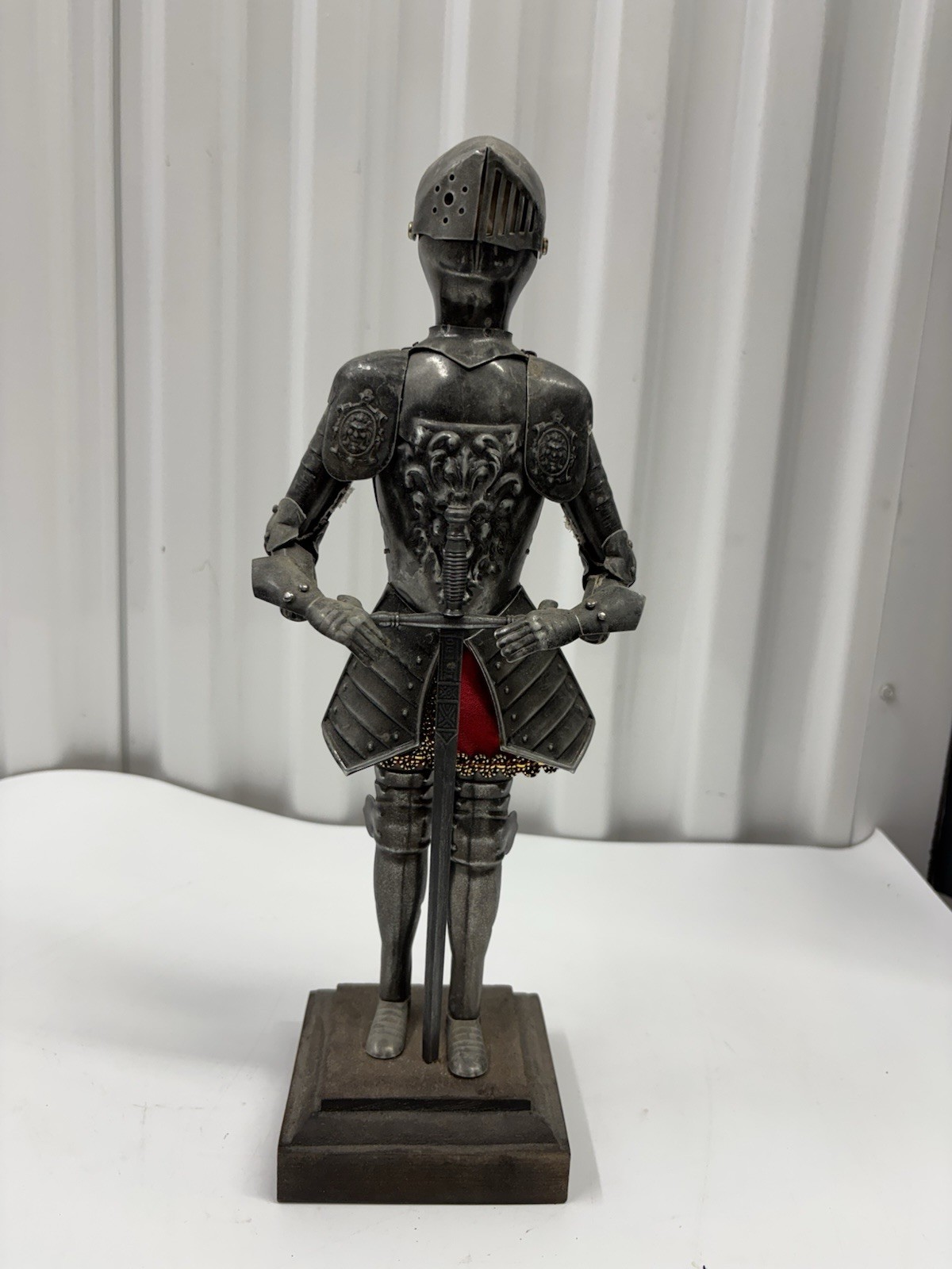 Vintage Metal Knight In Armor Statue 14.5″ Miniature Medieval Figurine Wood Base