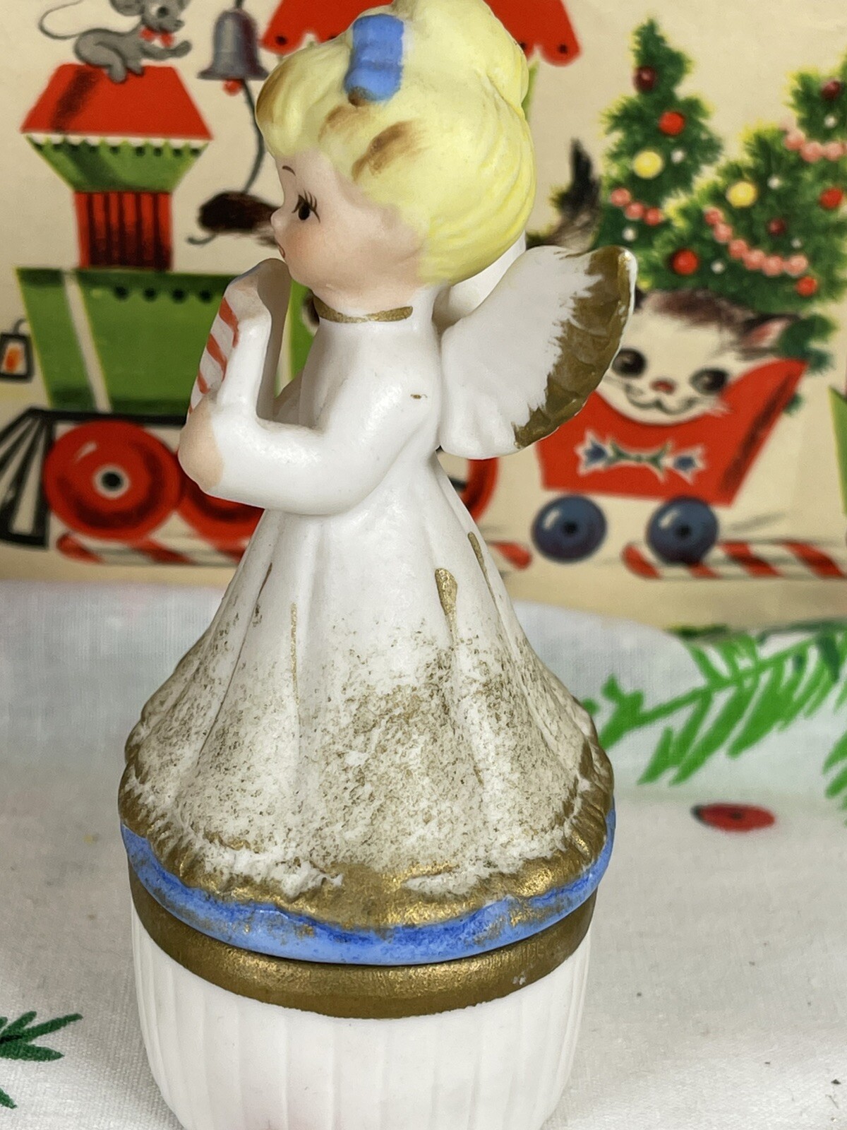 Vintage Lefton Angel USA United States Flag Trinket Box Figurine July 3447