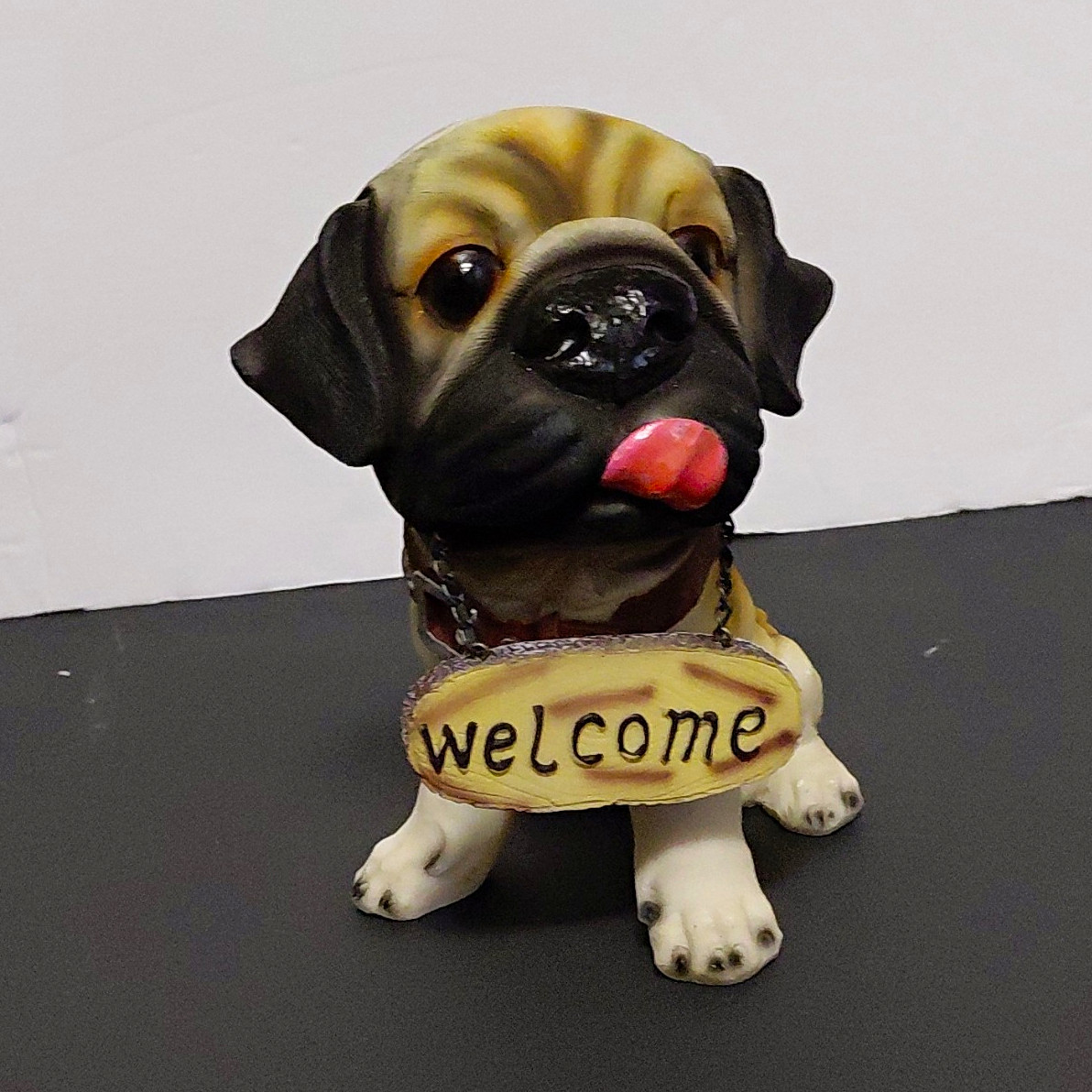 Painted Resin Pug Dog Figurine w/ “Welcome” Sign, Beige Black Brown White