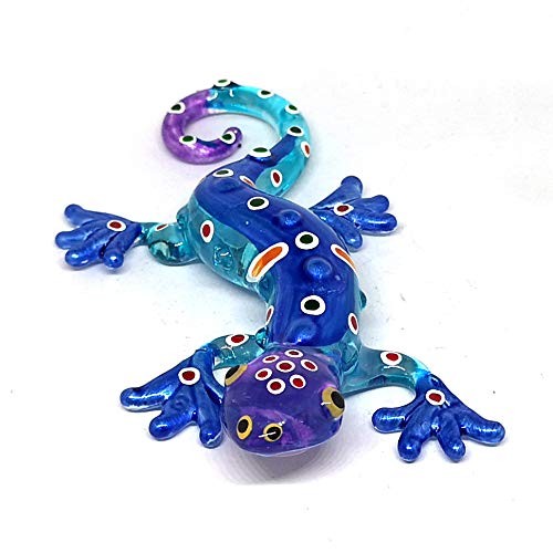Glass Gecko Figurine Blue Miniature Hand Blown Lampwork Animal Statue Decor