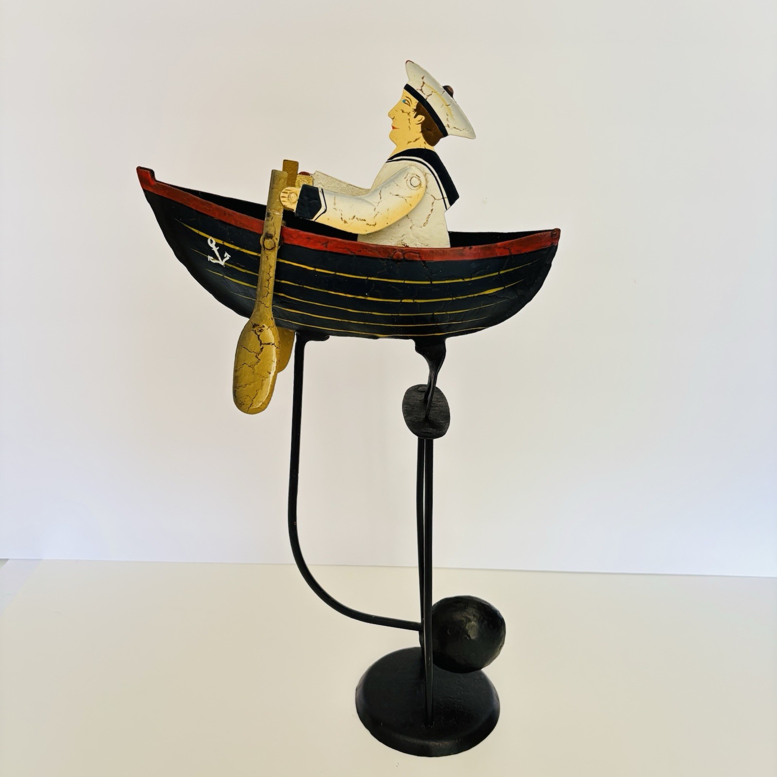 Vintage Metal Sailor Rowing A Boat Pendulum Balance Americana Folk Art 1950s