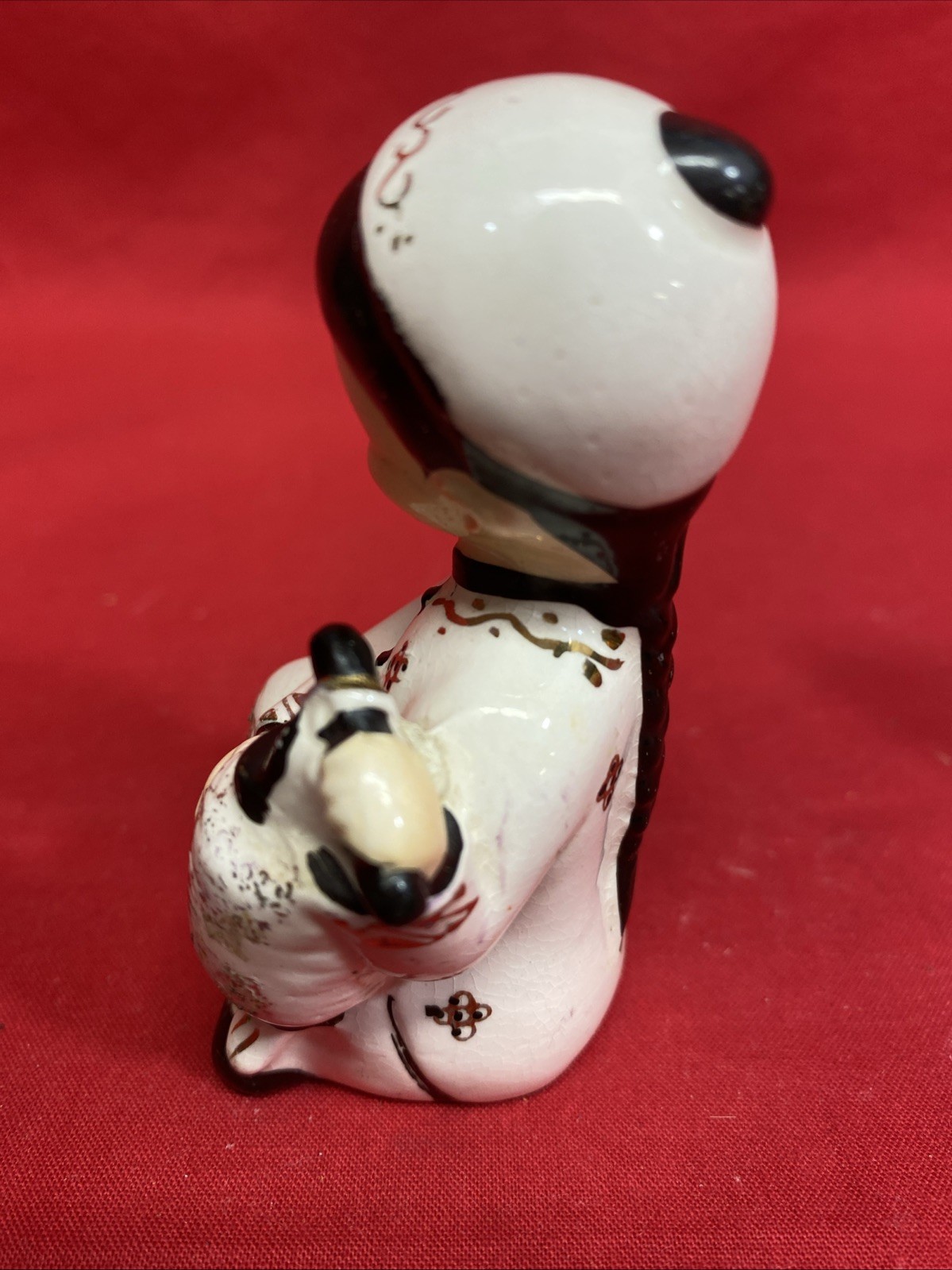 Set of 2 Asian Figurines Holding A Jug White W/ Black & Gold Trim 8 3.25″ High
