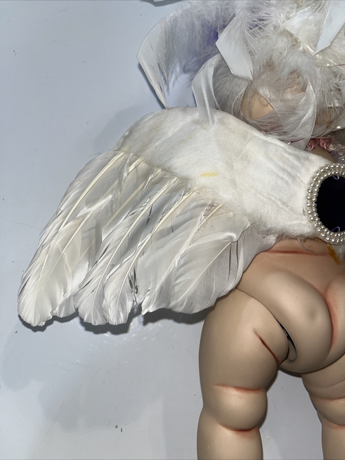 Vntg Fantasy Fairy / Cherub Style Art Doll w/ Feather Wings & Floral Headdress