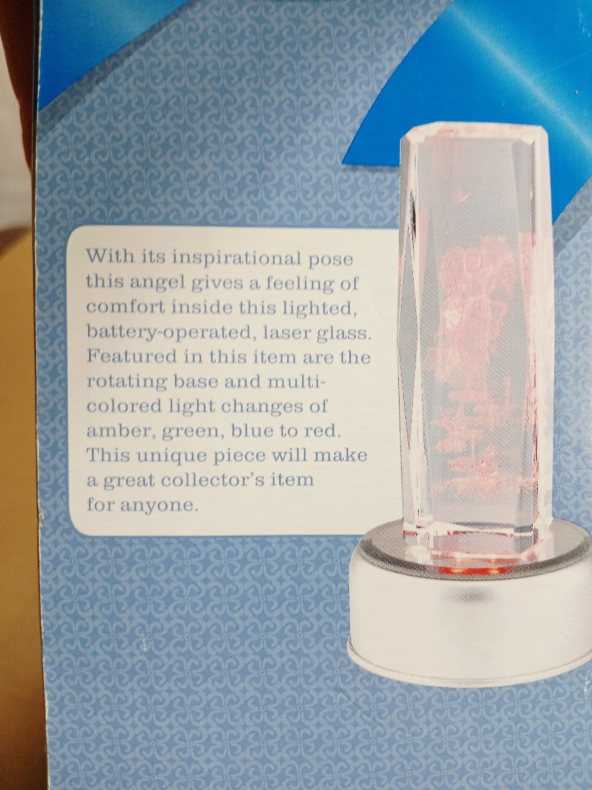 New Open Box Classic Treasures Angel Laser Glass and Rotating, Color Change Base