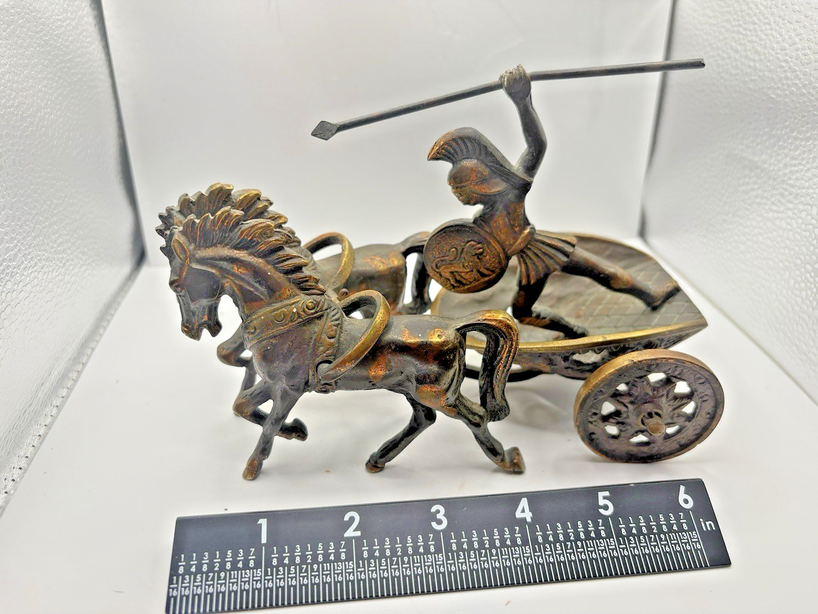 Vintage Roman Soldier Spear 8″ Two-Horse Chariot Lion Shield Copper Brass GUC