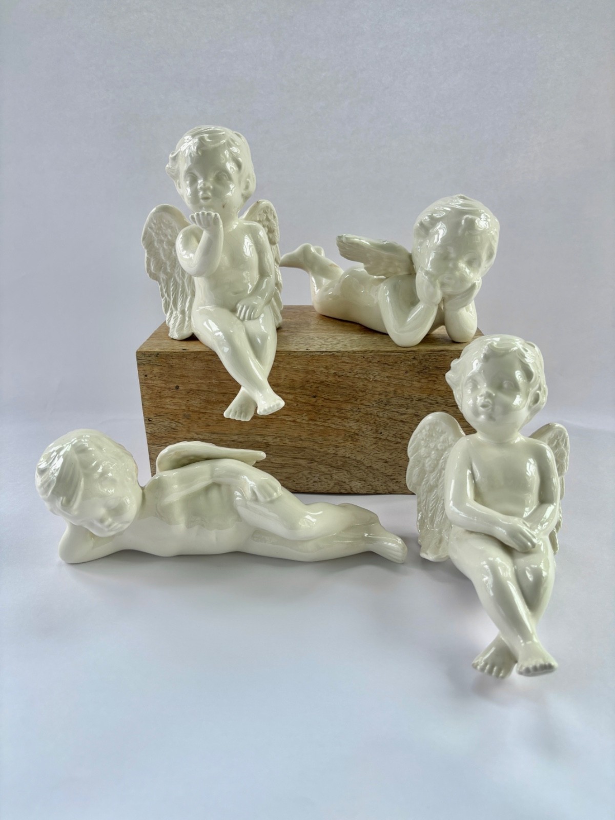 Vintage Scioto Ceramic Glaze Shelf Sitting Angel Cherub Laying Statue Figurines