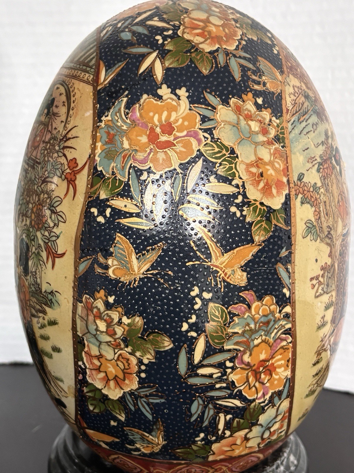 Vintage SATSUMA Porcelain Egg Hand Painted 8 ” Stand, Not Included Beautiful