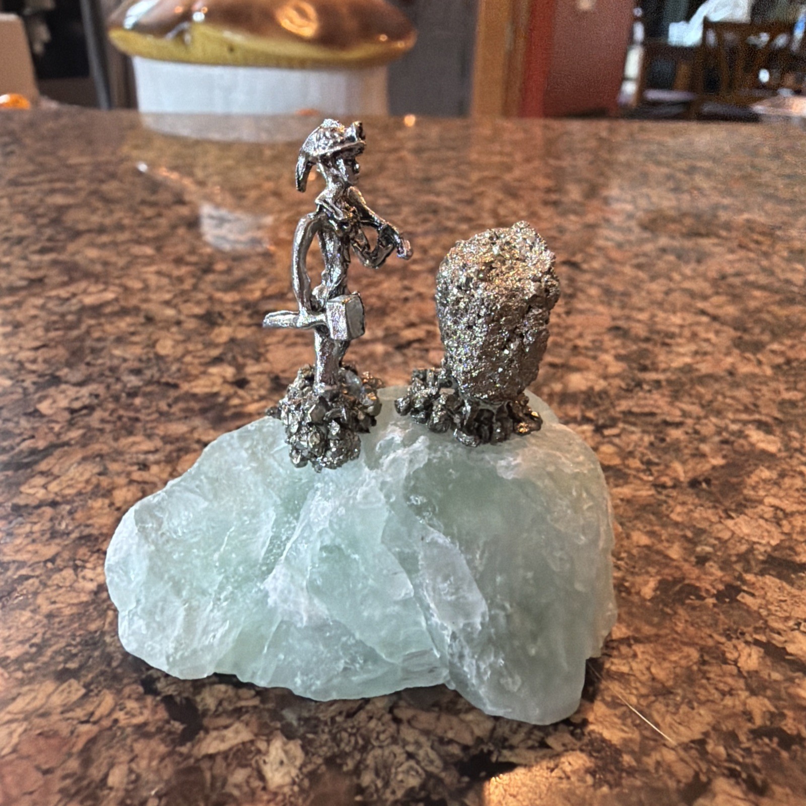 Miner Metal Figurine Sculpture fluorite Stone Base