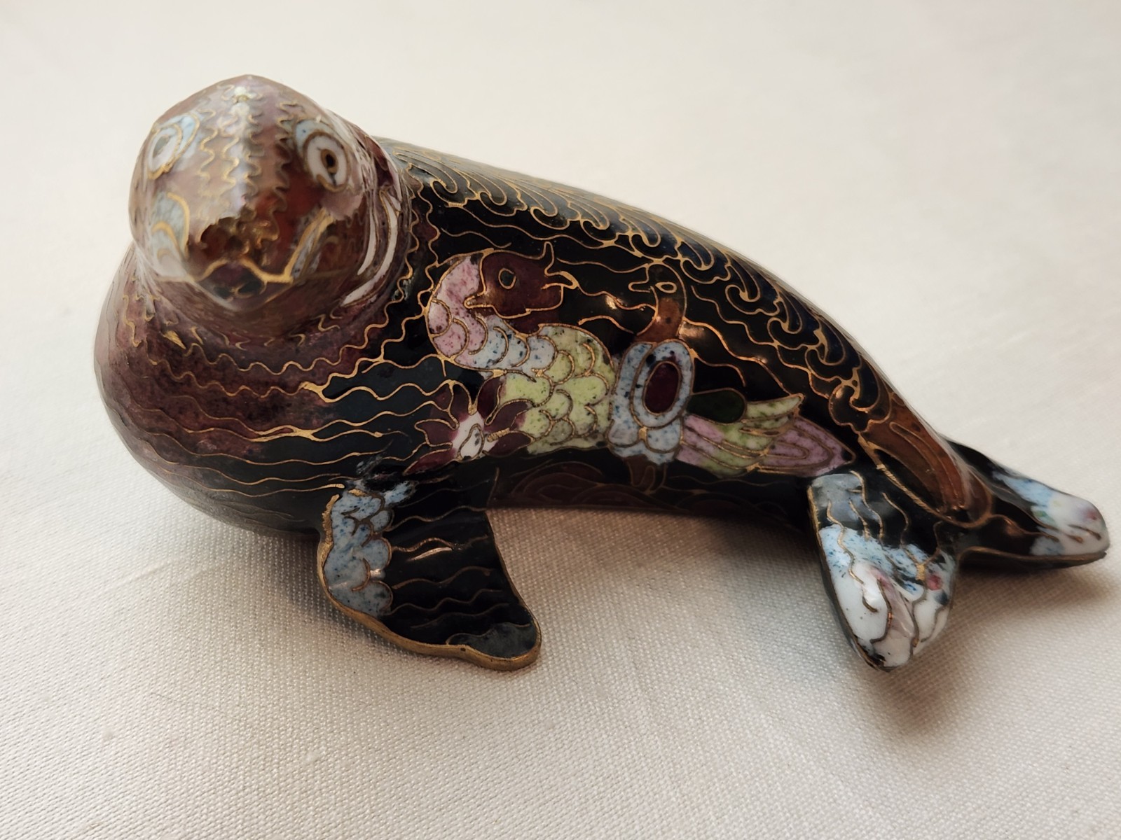 Cloisonne Seal Sea Lion Wood Pedastal Stand Excellent Condition Black Brown Gold