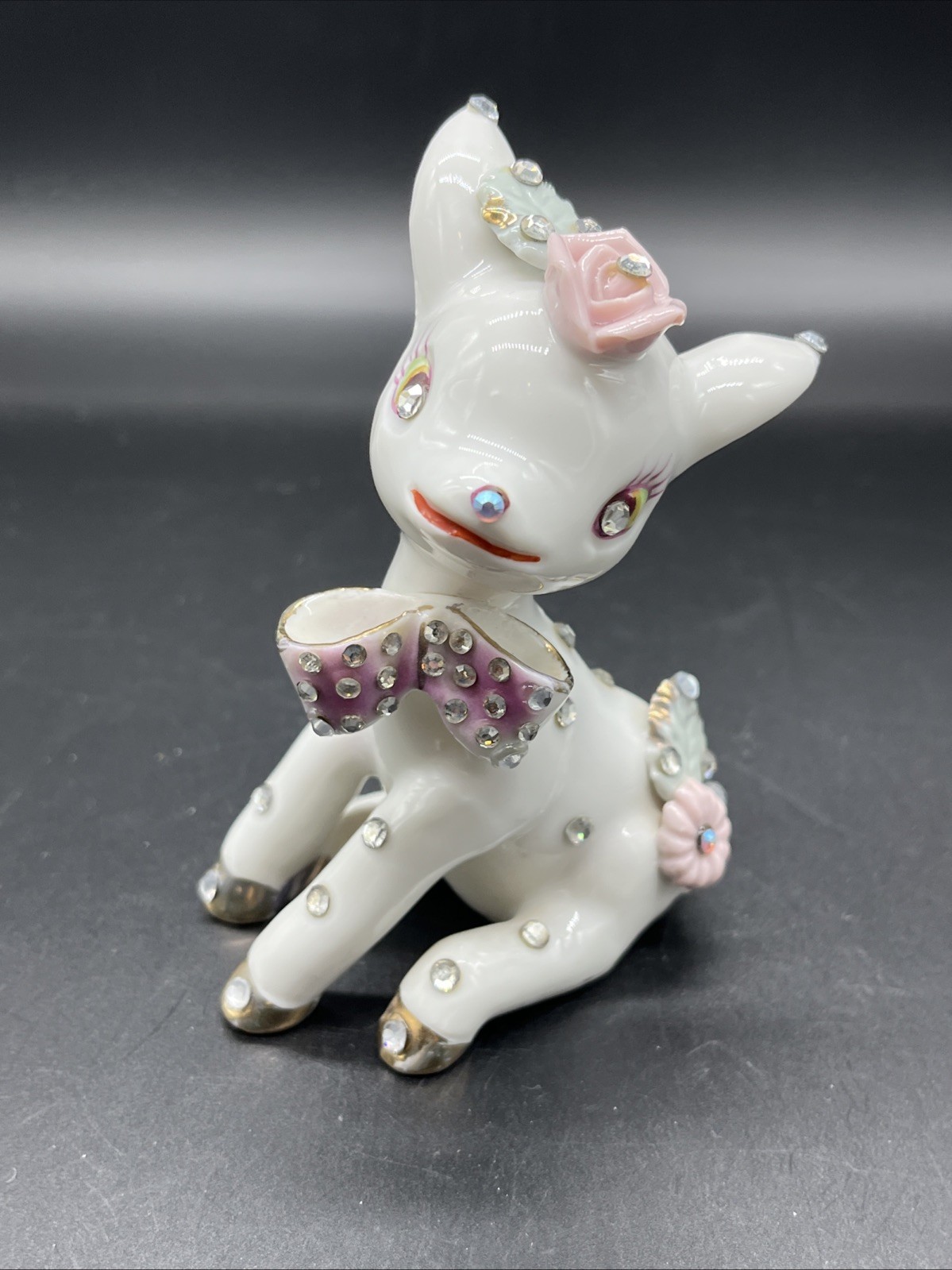 Vintage Ceramic Anthropomorphic Deer Figurine White Pink Rhinestone Napco