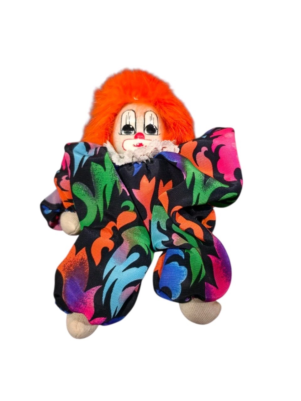 Vintage Beanie Clown Doll Hand Painted Porcelain Face Multicolor Body