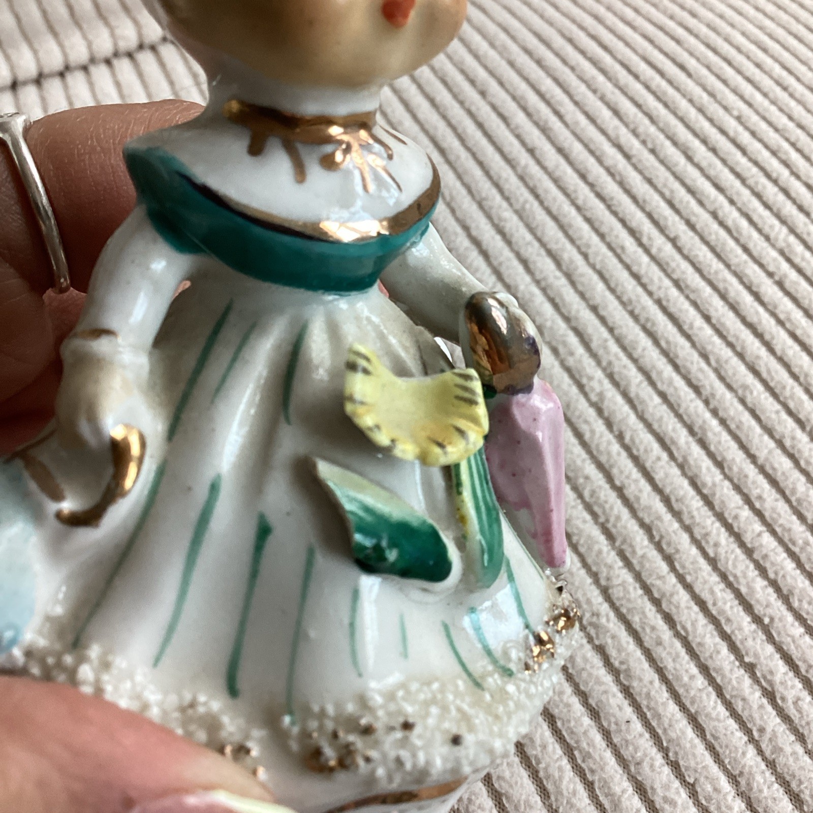 Vintage Wales Blond Girl Figurine Bell, Umbrella, Purse, Flower Japan MARCH HTF