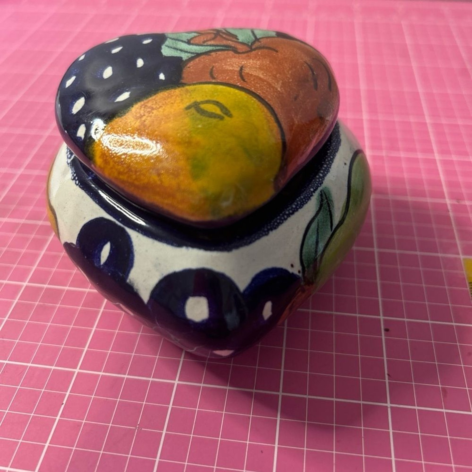 Artistic Blue and Yellow Ceramic Heart Shape Box with Fruit Design
