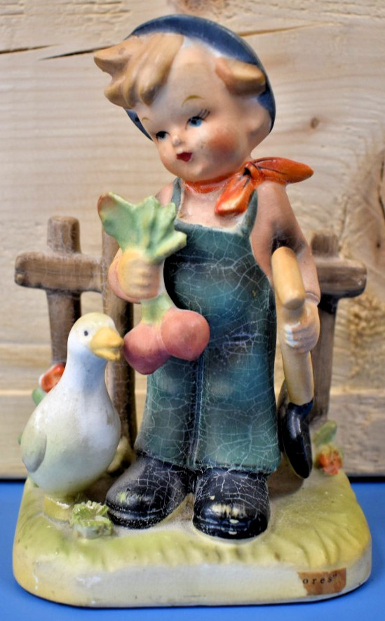 Vintage Erich Stauffer Porcelain Figurine Harvest Time Boy with Duck #8268 Japan