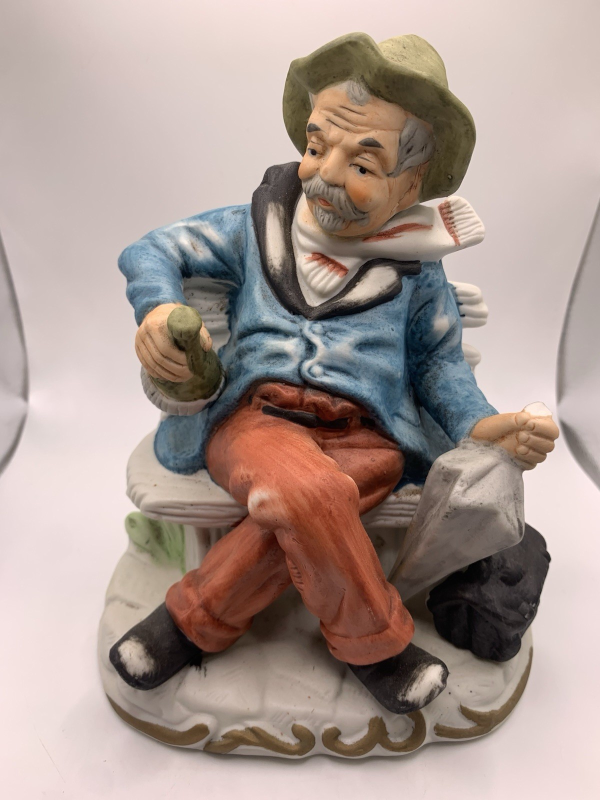 Vintage Old Man Figurine 8” Sitting on Bench with Bottle – Hand-Painted