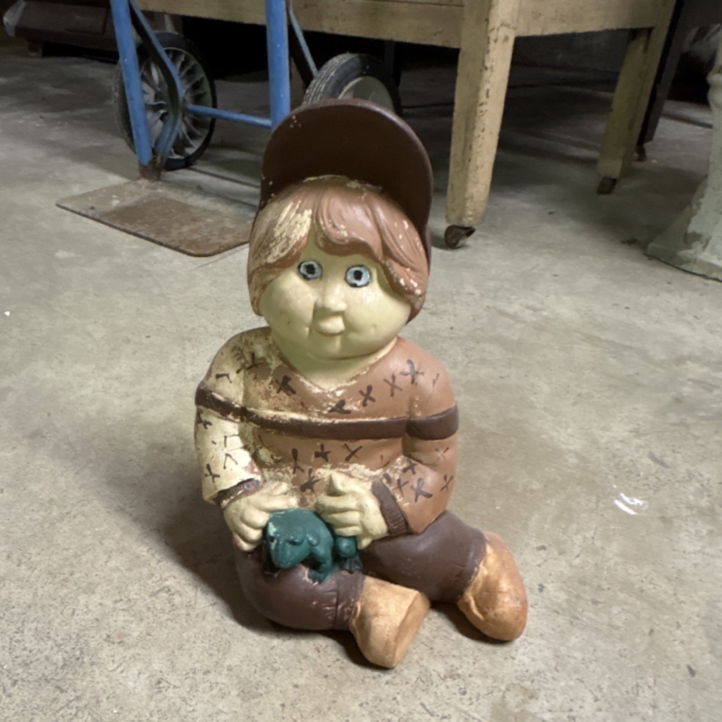 Ceramic Child Figurine Brown Beige Green People Theme Decorative Sculpture