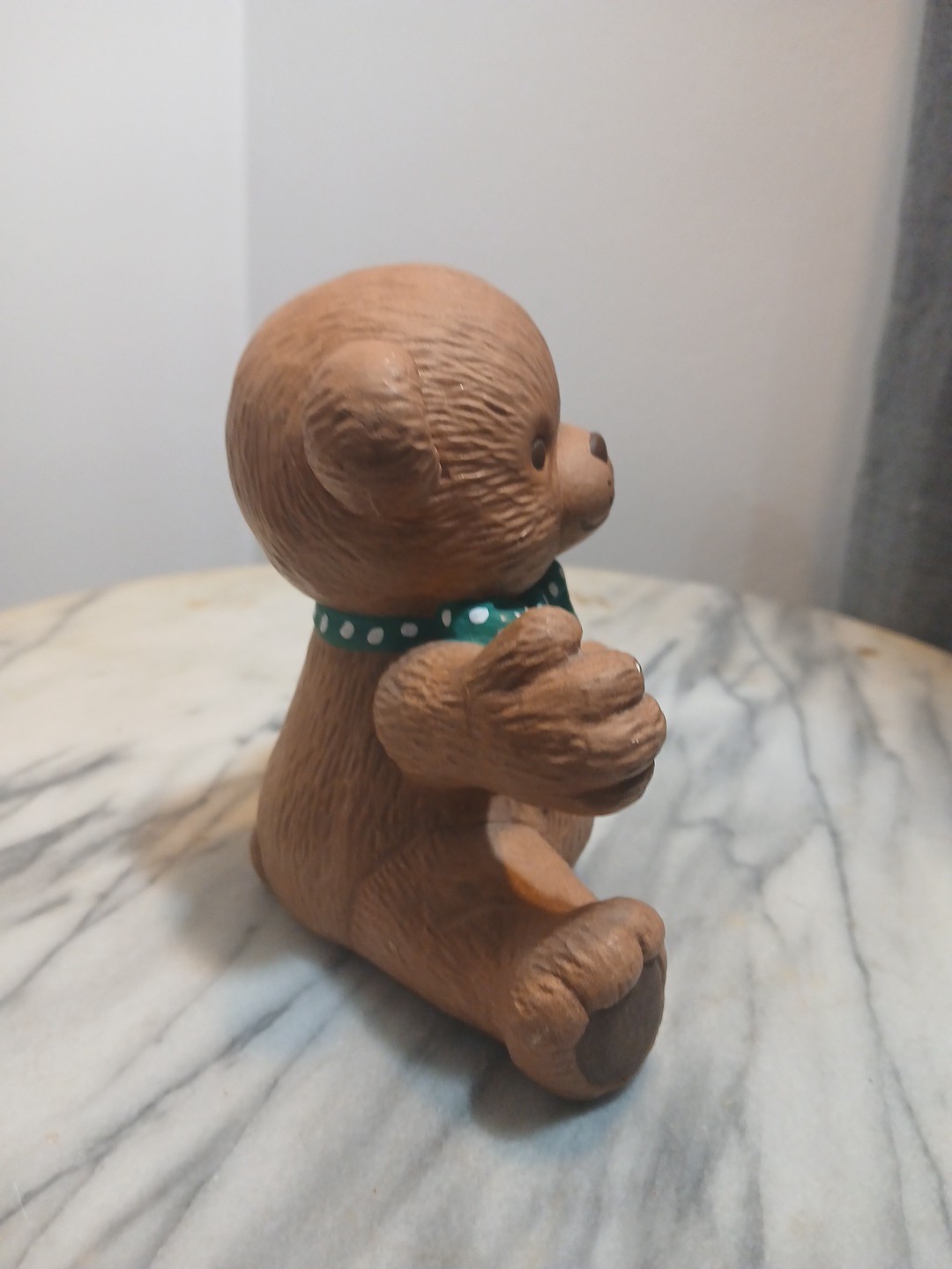 Ceramic Teddybear With Green And White Polkadot Bow