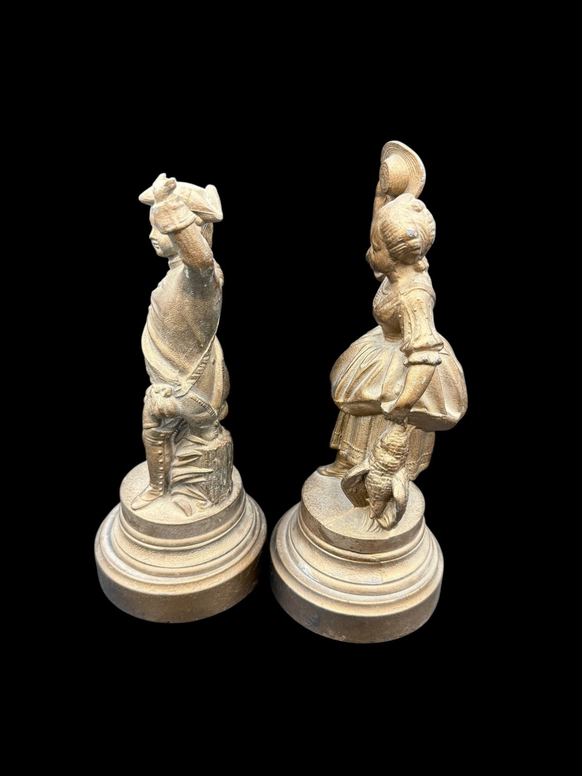 Vintage Spelter Peasant Statue Pair Boy & Girl with Rabbit/Fowl Rustic Figurines