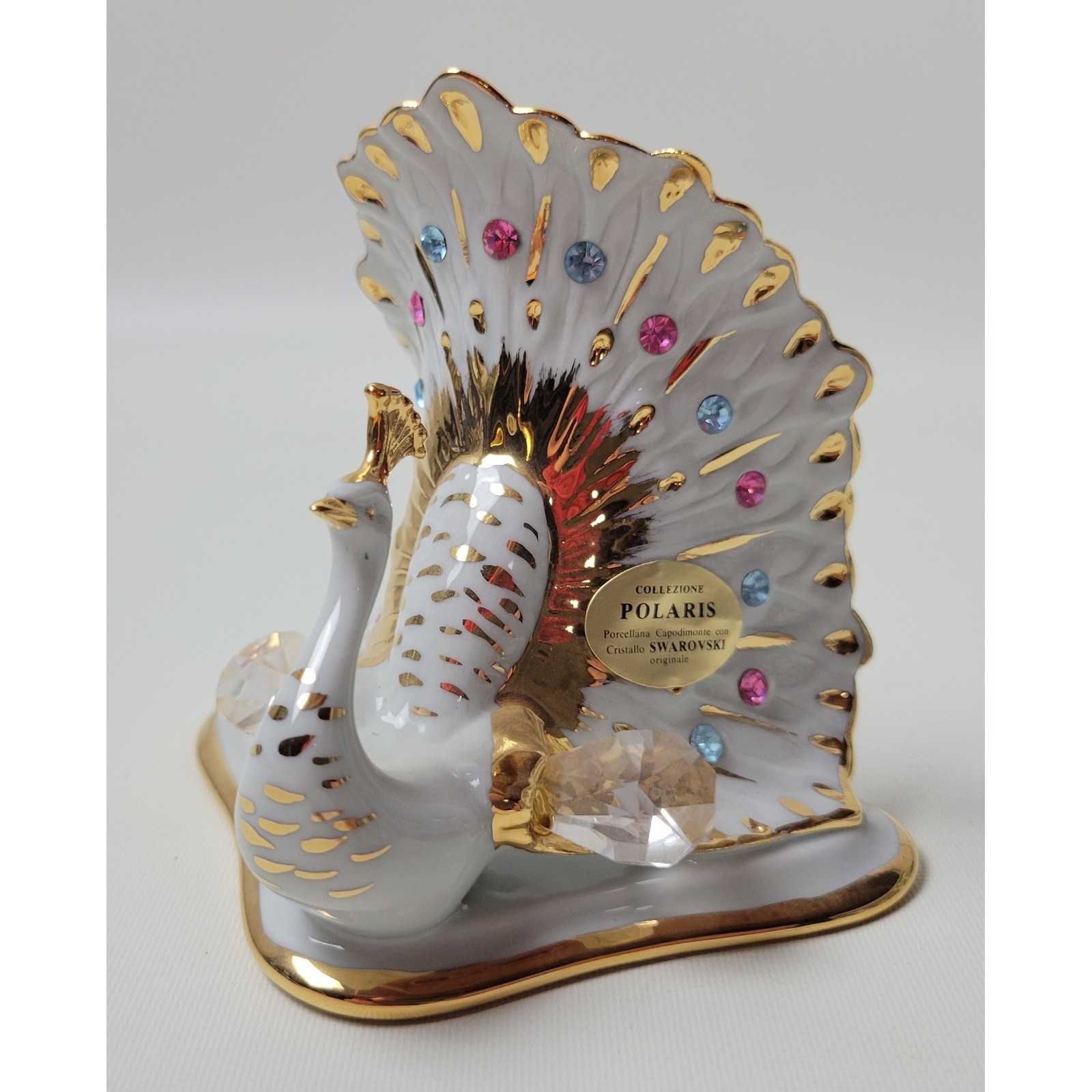 Capodimonte Polaris Porcelain Peacock Figurine Swarovski Crystal Gold Italy