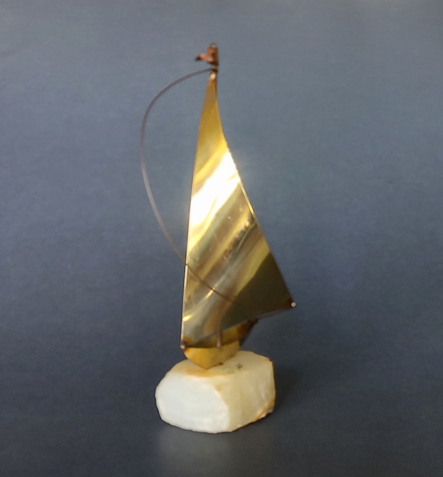 Vintage 1970s Brass Metal Sailboat Sculpture on Onyx Stone Base Signed DeMott