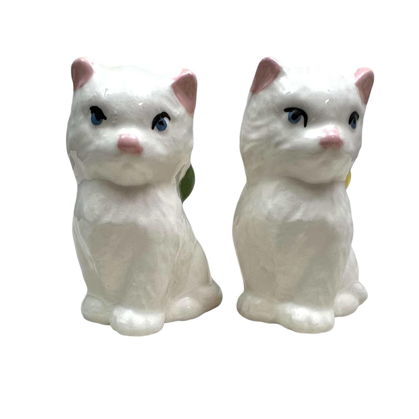 White Cats Kittens with Bow Ceramic Figurines Home Decor 2.5 in High Set of 2