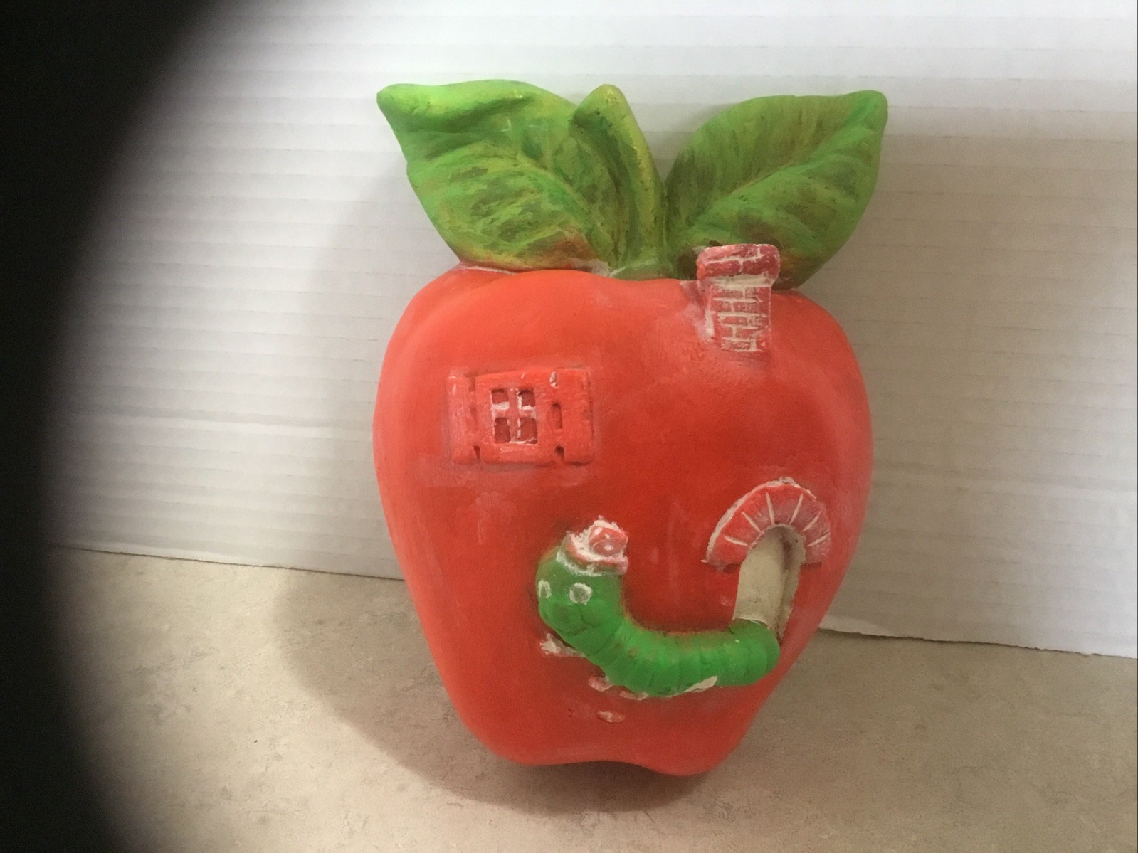 VINTAGE CHALKWARE STRING HOLDER WORM IN APPLE