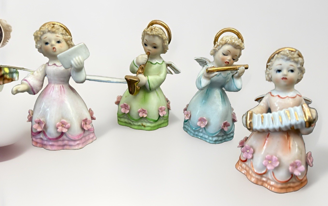 Set of 4 Lefton China Angels Musicians Figurines Flute Accordion Horn 3.5″ in