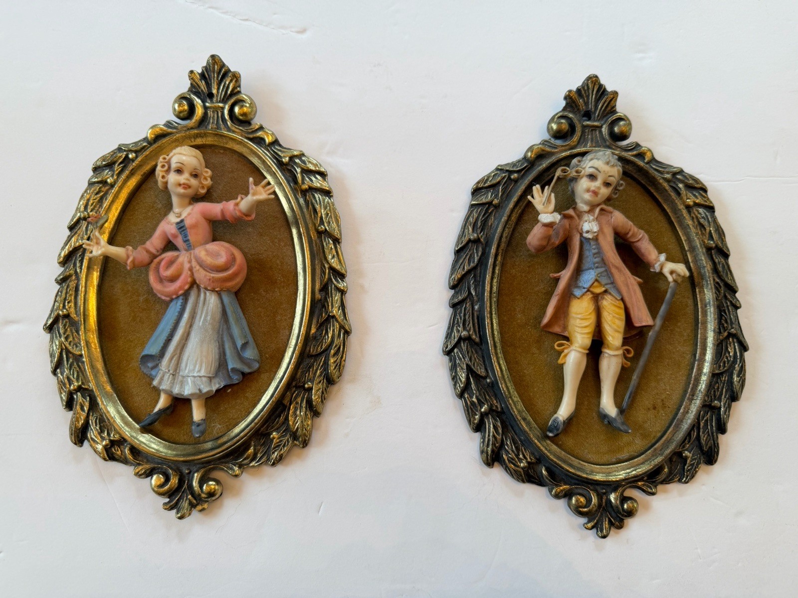 2 Vintage Empire 3D Depose Figure Canvas Wall Art Italian Boy & Girl Plaques 8”