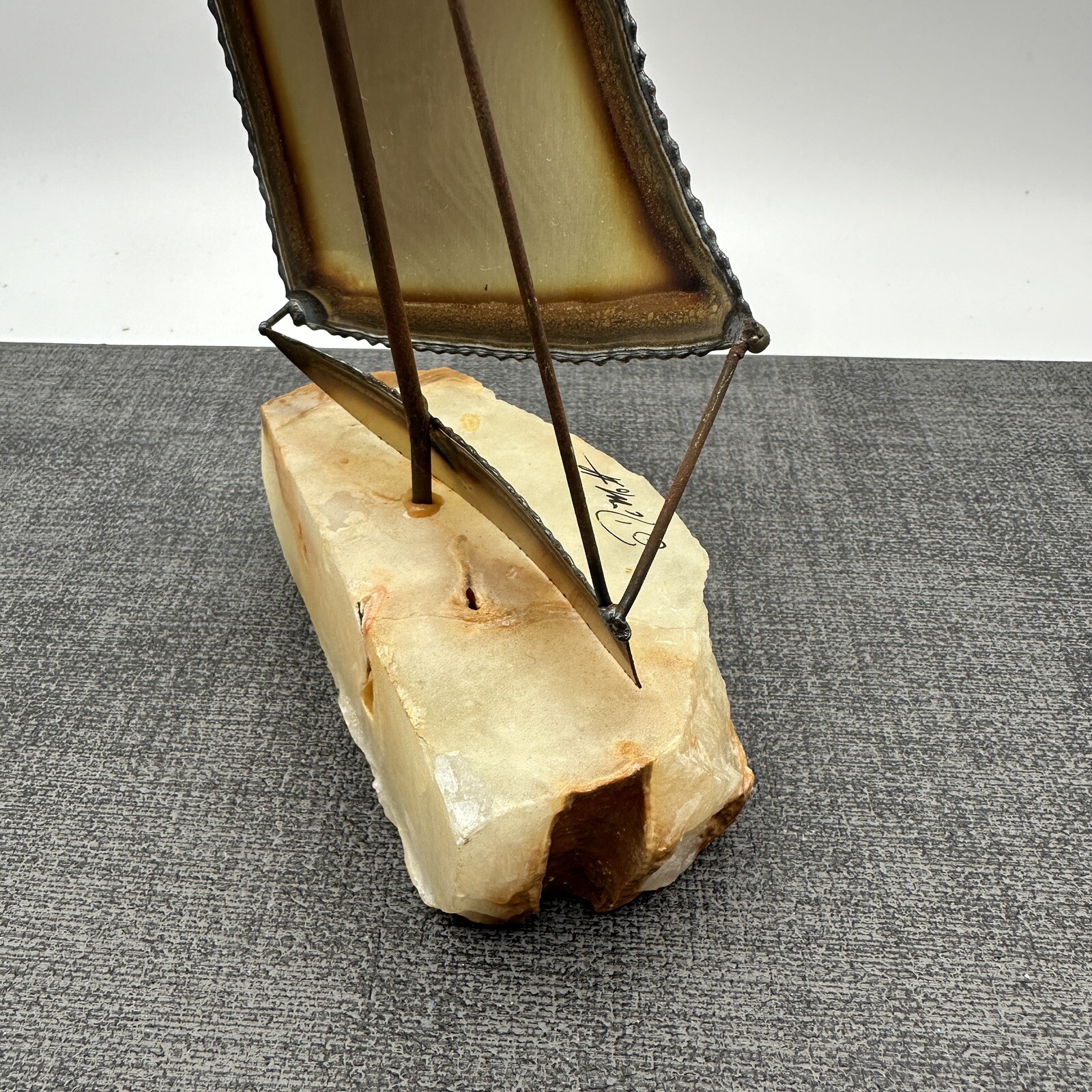Vtg John DeMott Signed Metal Sailboat Sculpture Stone Base 10″ MCM 1975 Tag