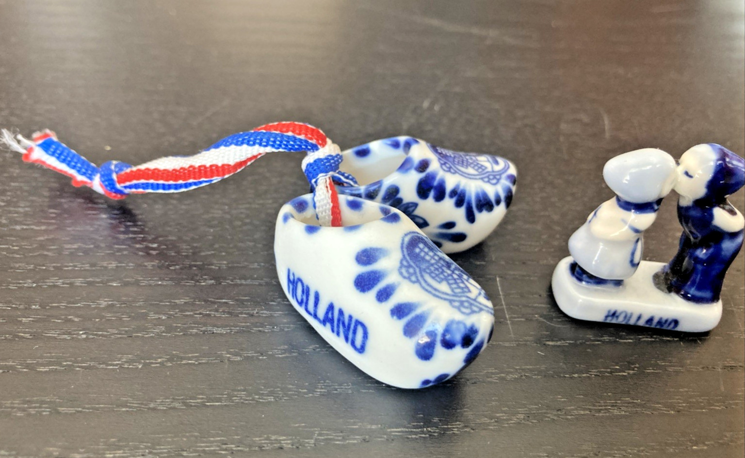 Porcelain Miniature Dutch Clogs Shoes Holland Blue Delft Windmills and Figure