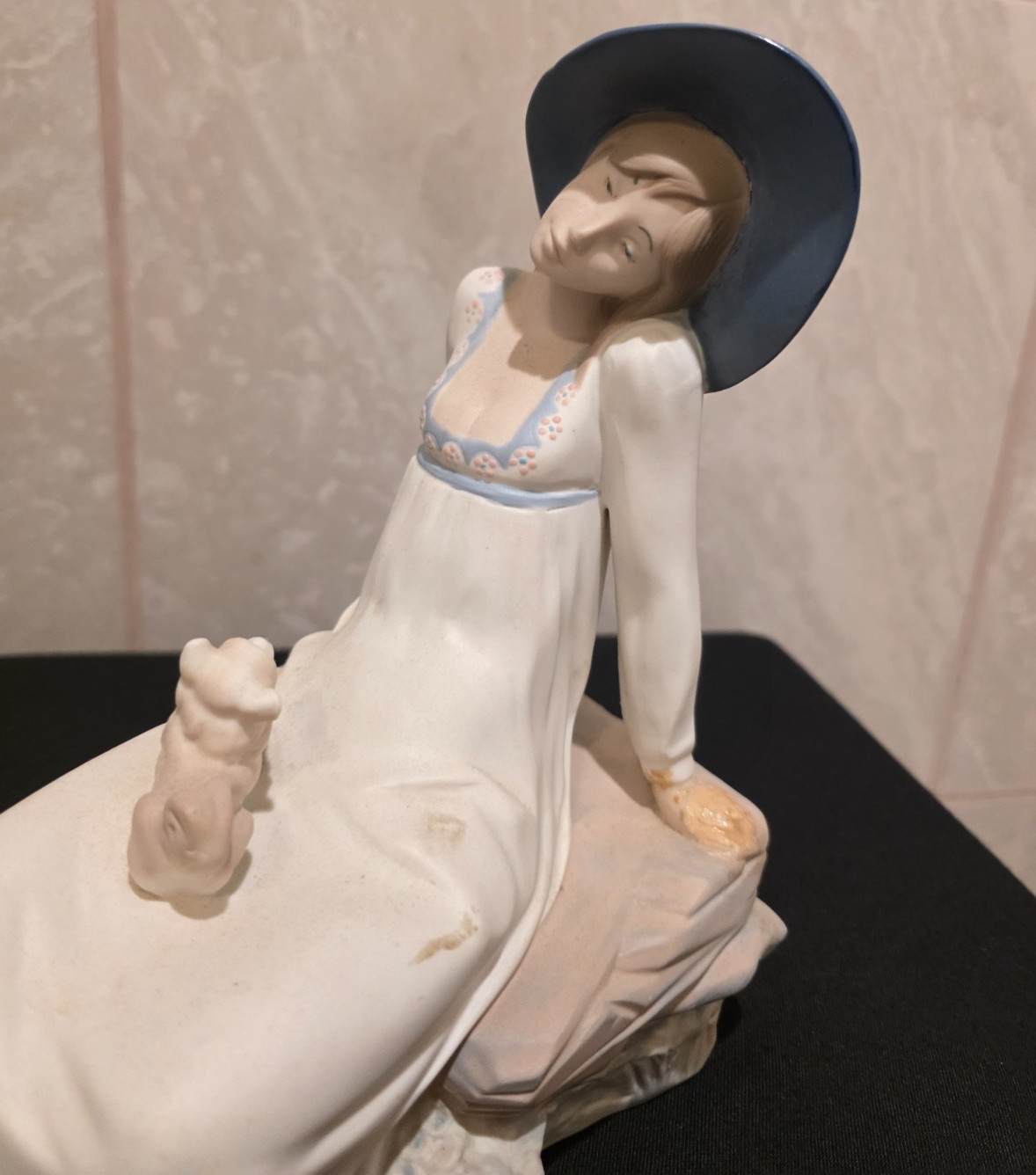 Vintage REX Valencia Hummelwerk Porcelain Figurine Woman Blue Hat Dog 9 1/2 “