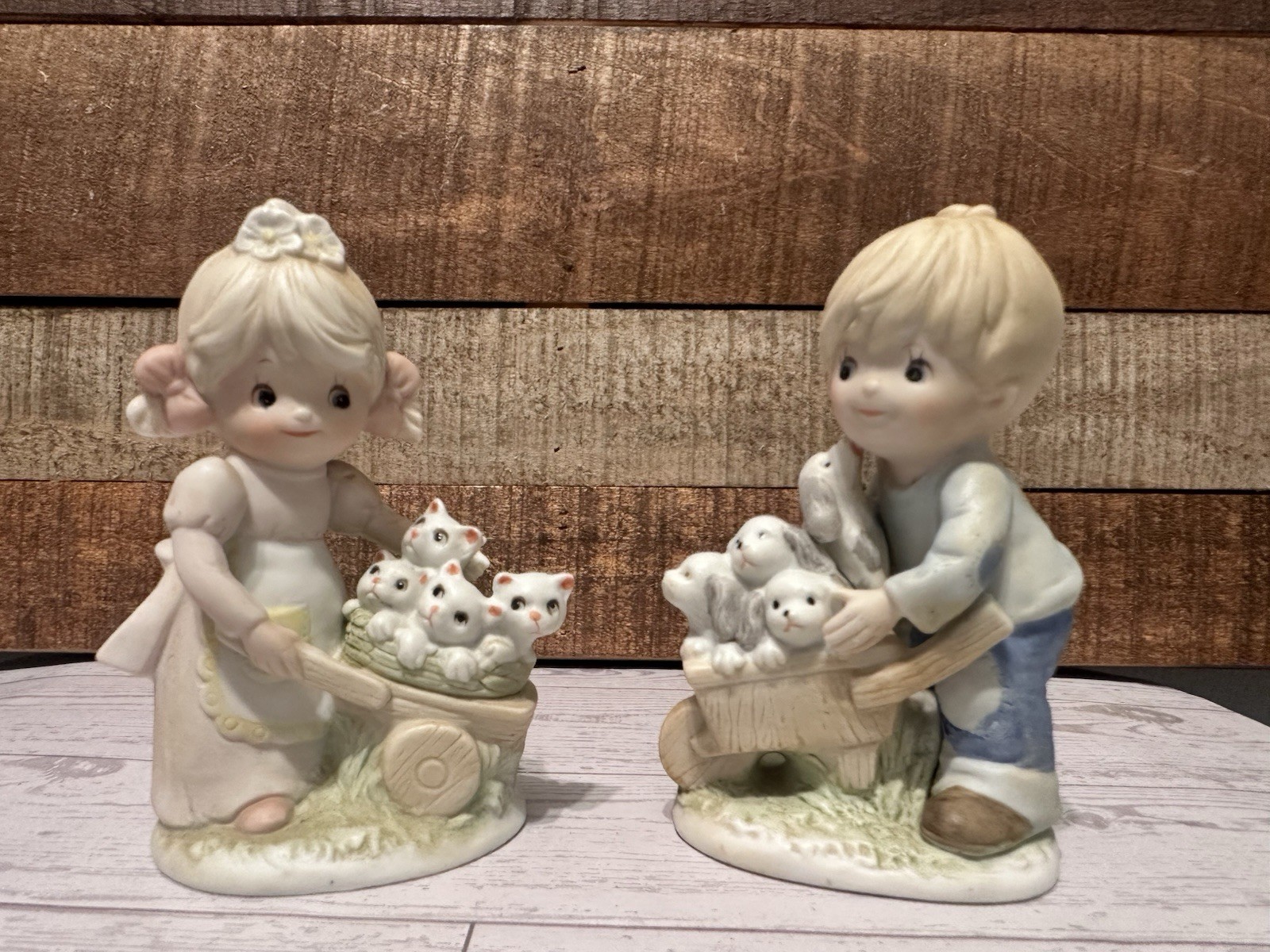 Homco Figurines Girl with Kittens & Boy with Puppies In Wagon #1402