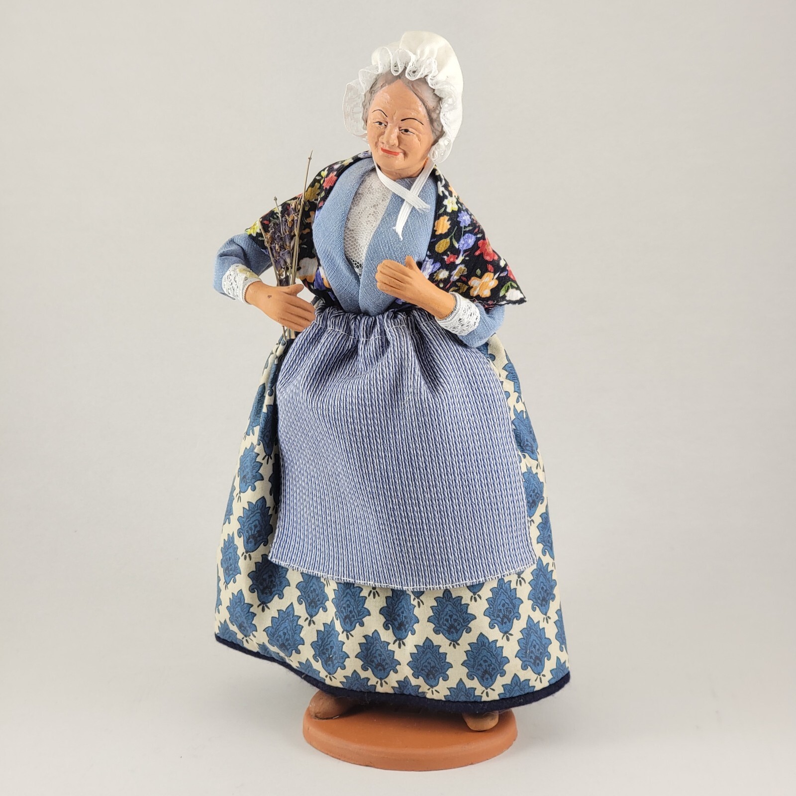 VTG Santon De Provence Terra Cotta Claude Carbonel Clay Blue Lady with Flowers