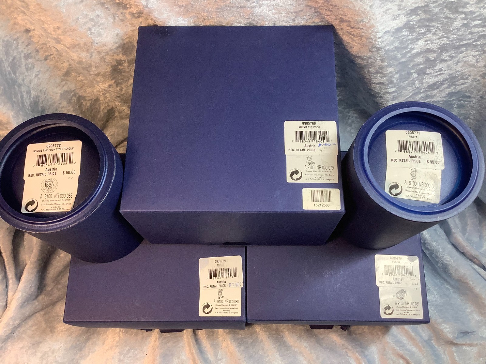 Swarovski Disney Set: Winnie the Pooh, Eeyore, Piglet, Tigger, & Plaque. MIB+COA