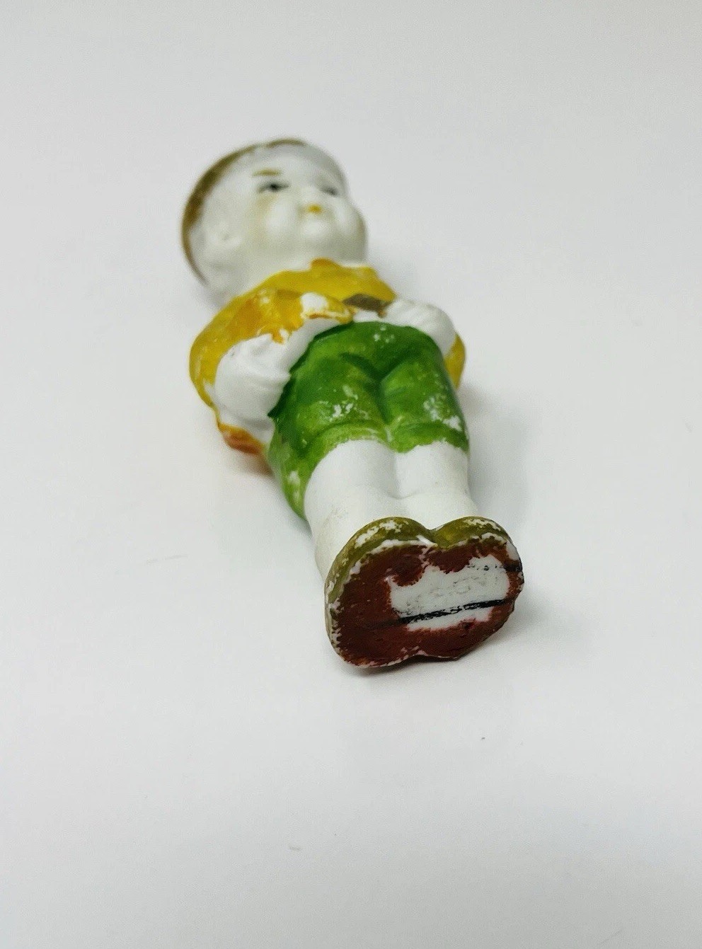 Vintage 1930s Japan Bisque Boy Figurine Brown Hat Yellow Jacket 4″ Porcelain