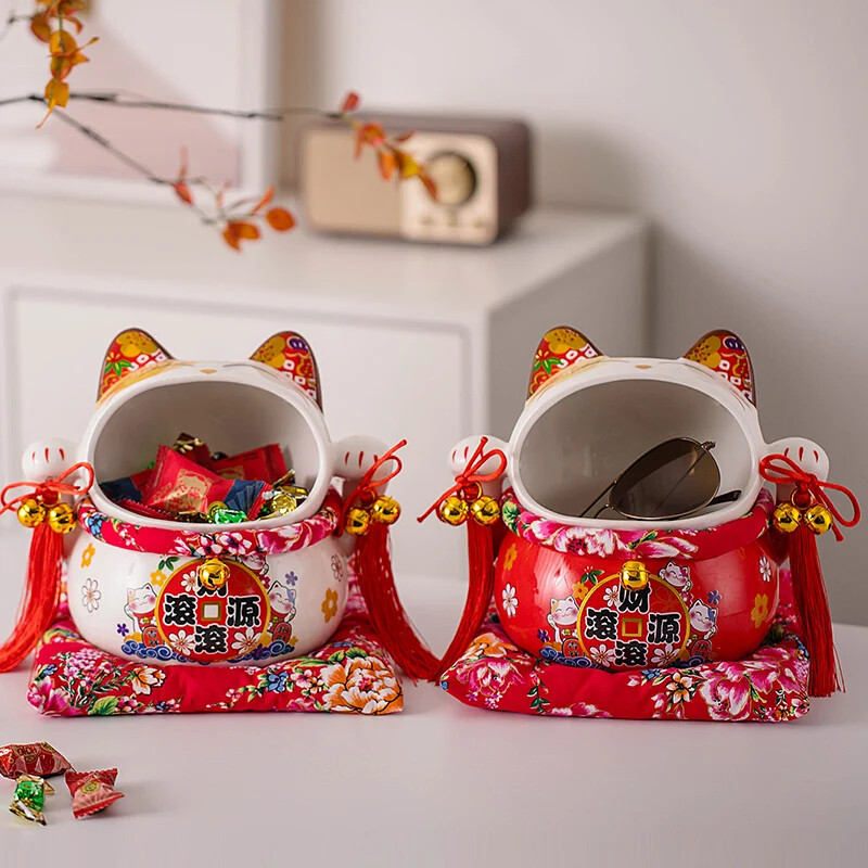8 Inch Ceramic Maneki Neko Candy Jar Lucky Cat Money Box Piggy Bank Fortune Cat