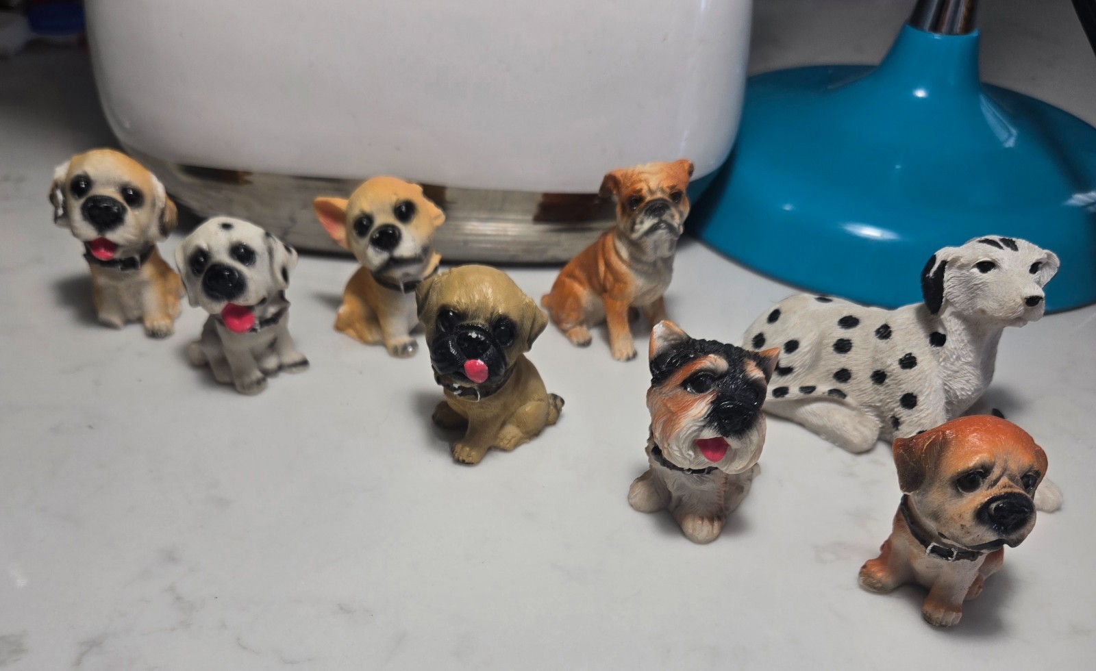 Lot of 8 Mini Dog Figurines – Mixed Resin & Ceramic Collectible Puppies