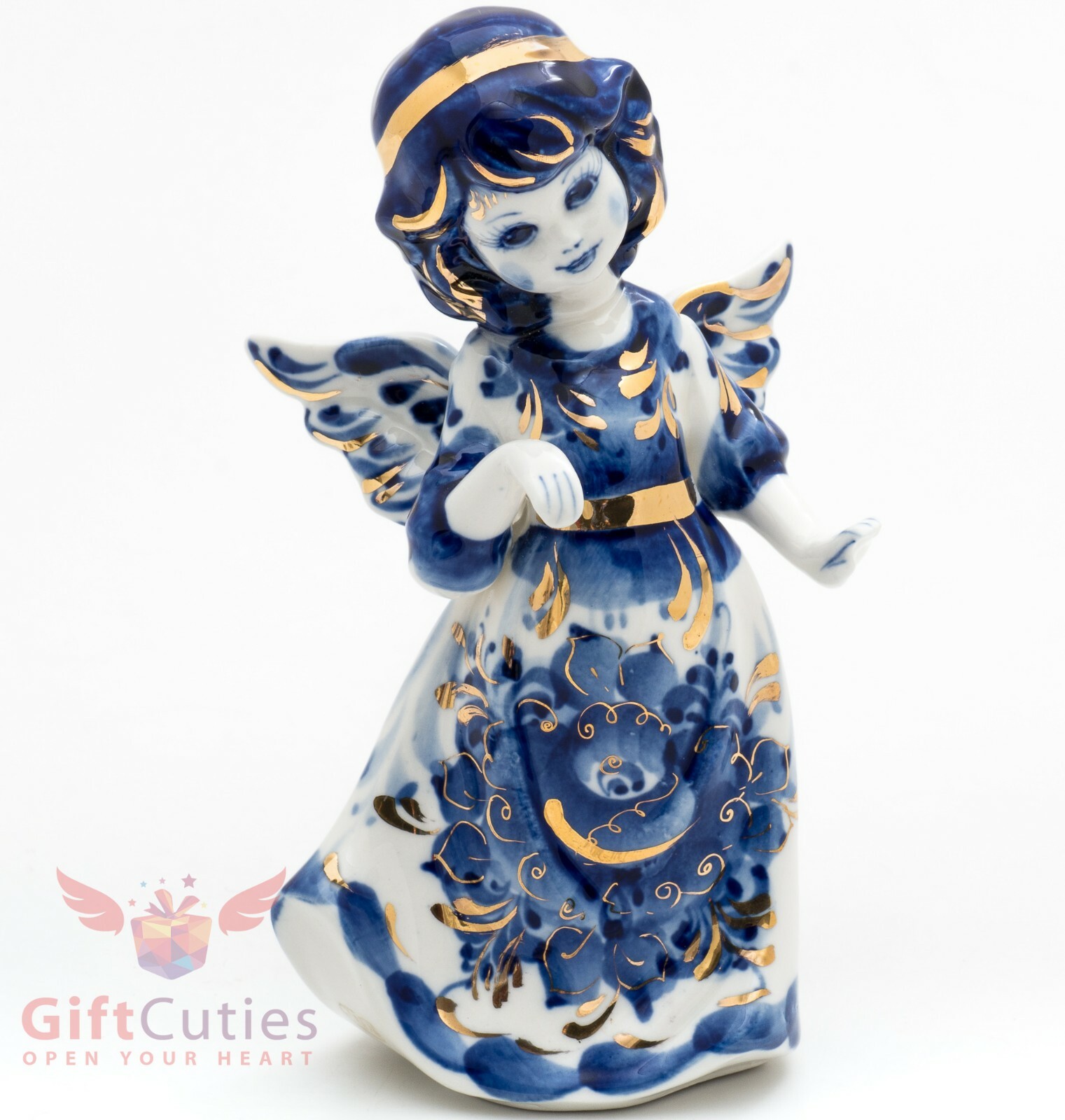 Porcelain Gzhel HandMade Figurine of Beautiful Angel girl in gold