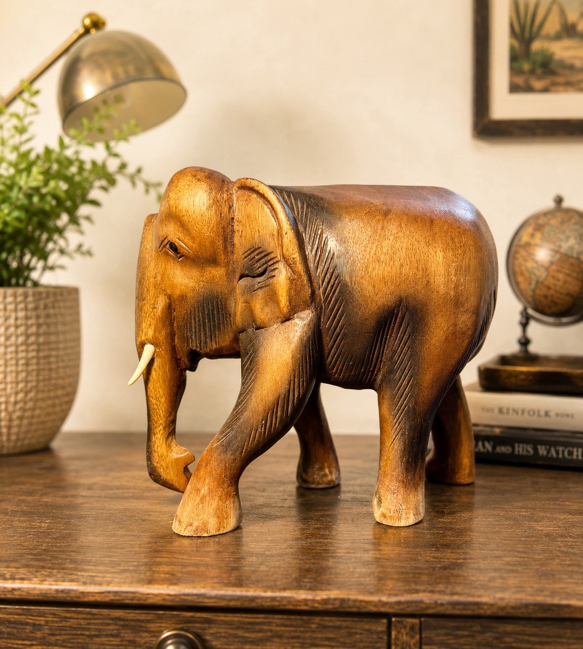 Thailand 1990s Hand Carved Raintree Wood Elephant Figurine Sculpture, 9×9”