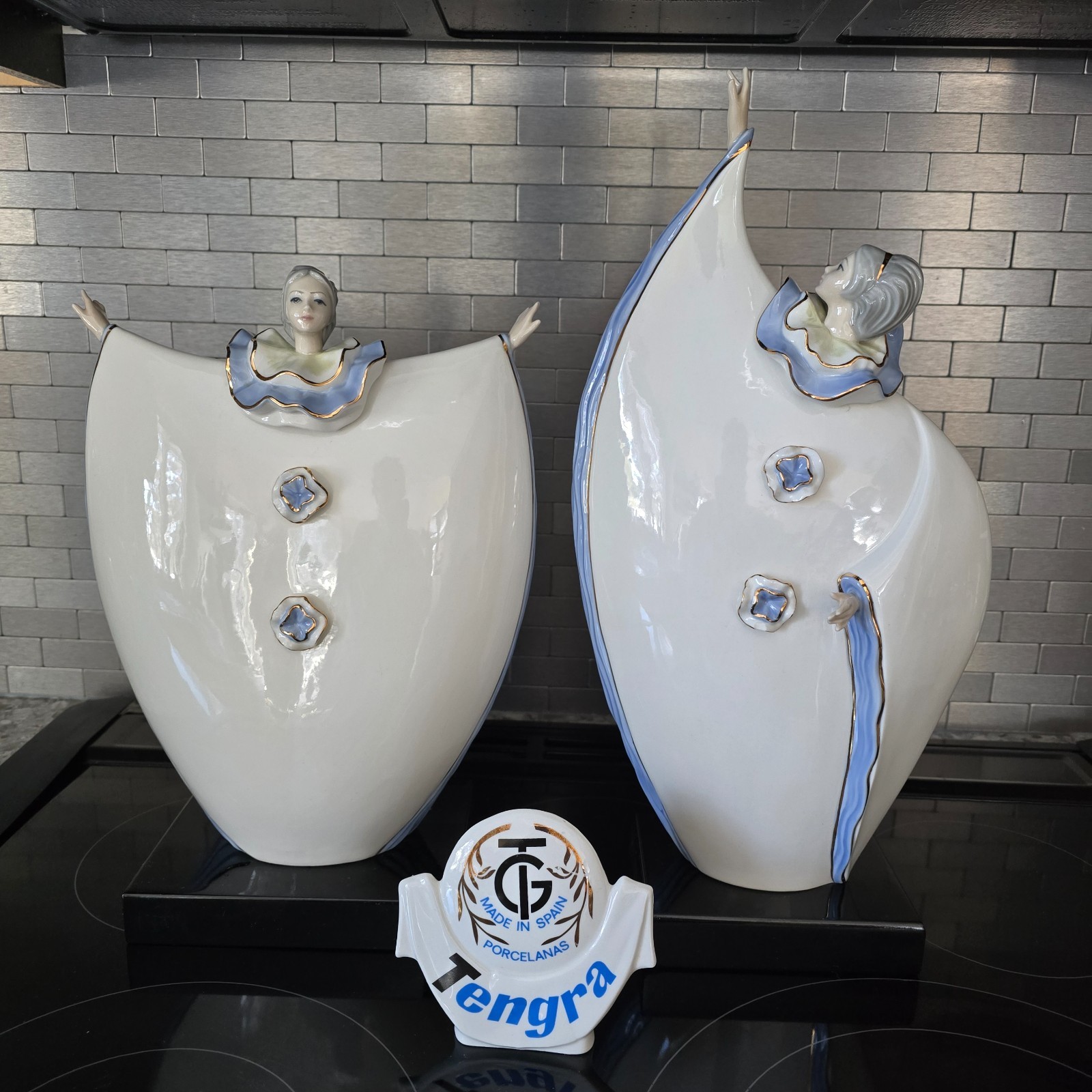 Art Deco Tengra Spain Pierrot & Crescent Moon 3pc Figurine Set Glazed Porcelain