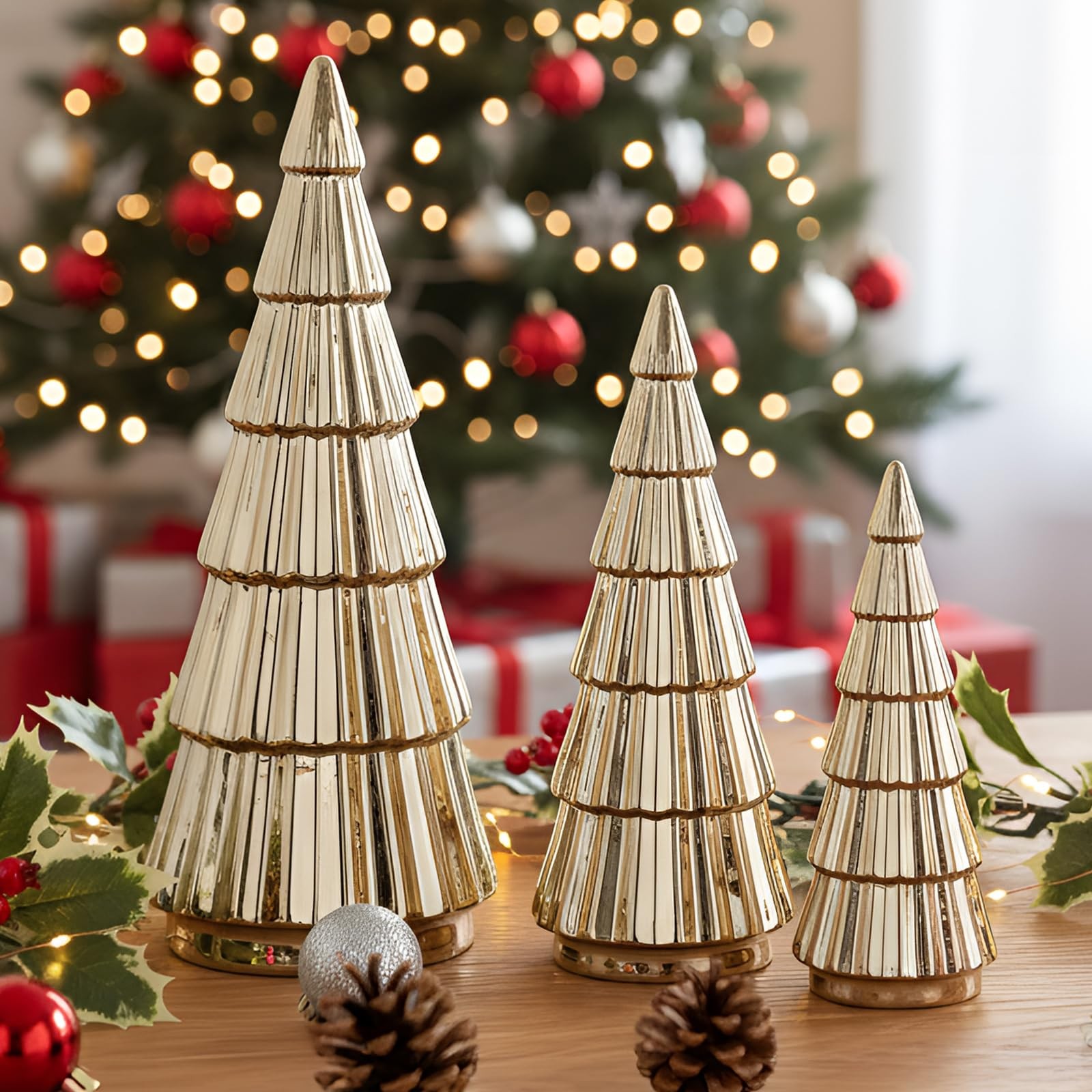 3 Pieces Gold Ceramic Christmas Tree Figurines Tabletop Small Decorative Xmas…