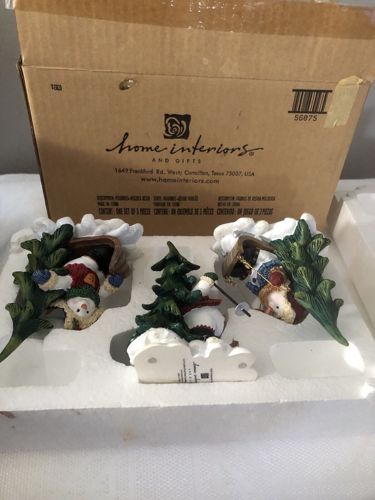 Christmas Decor Home Interiors 3 Piece Snowmen Sledding and Skiing Retired NIB