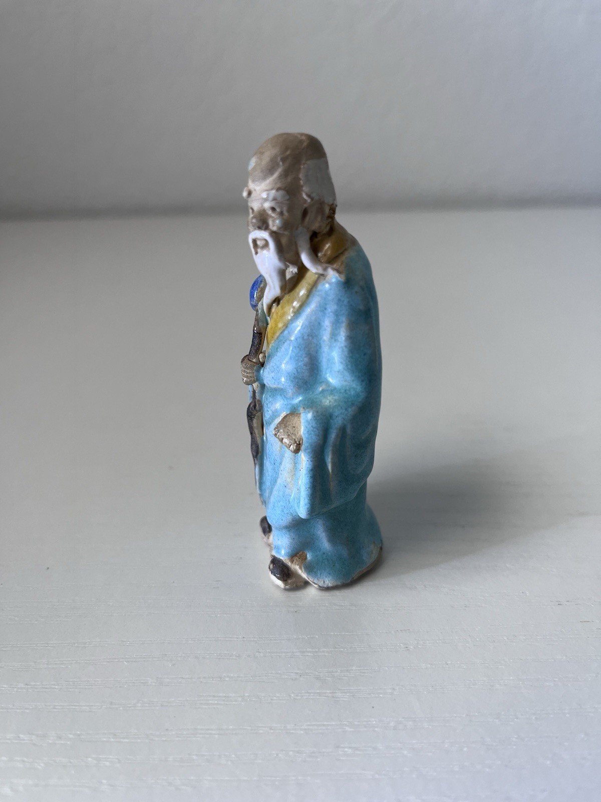 Hand Painted Chinese Mud Man Elderly Man Holding a Staff