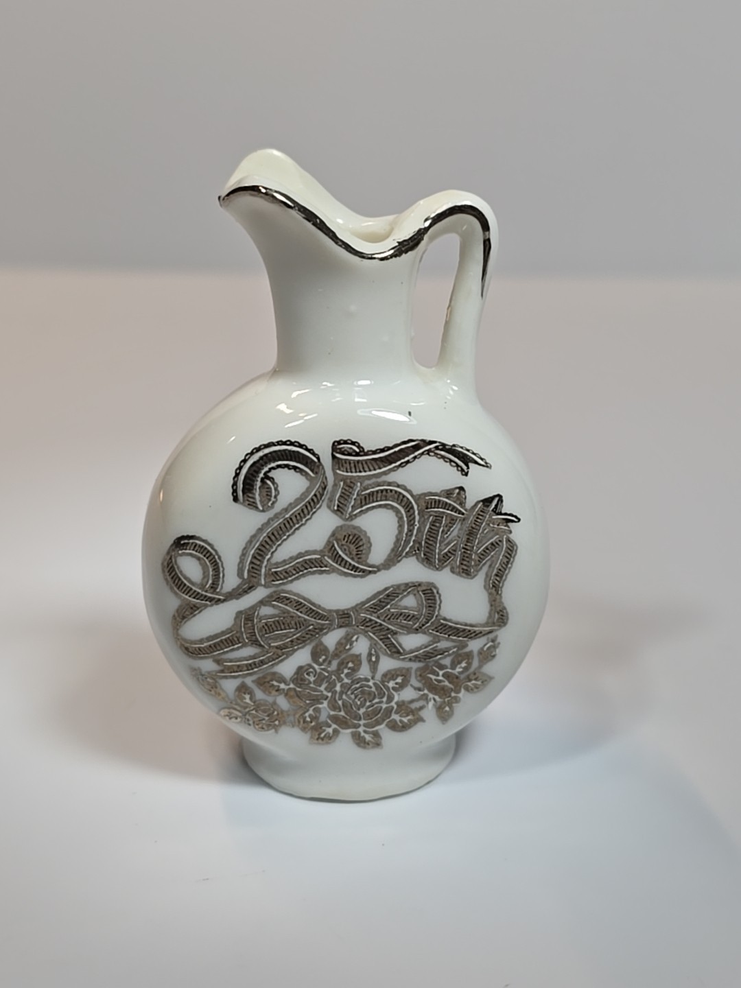 Enesco 25th Anniversary Miniature Pitcher White Ceramic Silver Color Lettering