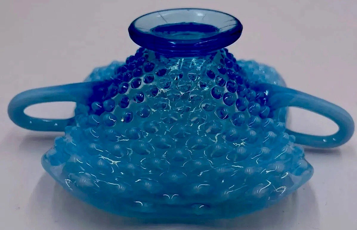 Lot 4 Fenton Hobnail Blue Opalescent Pitcher Cornucopia Candle Holders Bowl